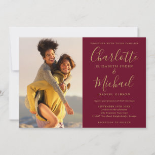 Invitation Mariage photo Burgundy et Gold Signature Script