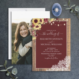 Invitation Mariage photo Burgundy Sunflower Wood Script