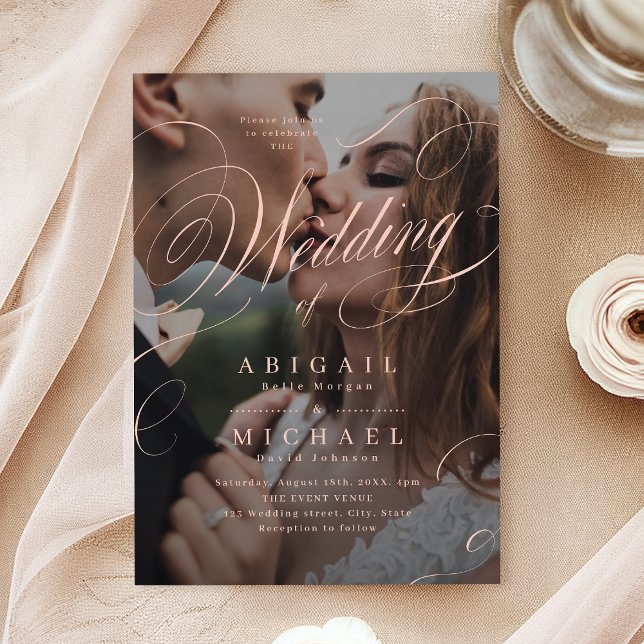 Invitation Mariage photo calligraphie classique élégante rose (Pink elegant classic calligraphy photo wedding invitation)