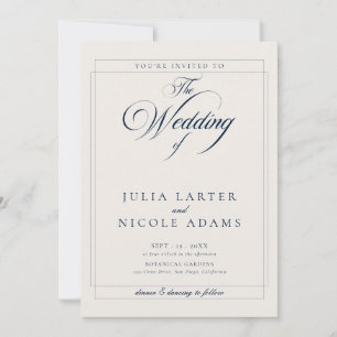 Invitation Mariage photo calligraphié ivoire bleu marine clas