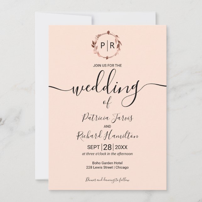 Invitation Mariage Photo Calligraphie Monogramme Rose Pêche (Devant)