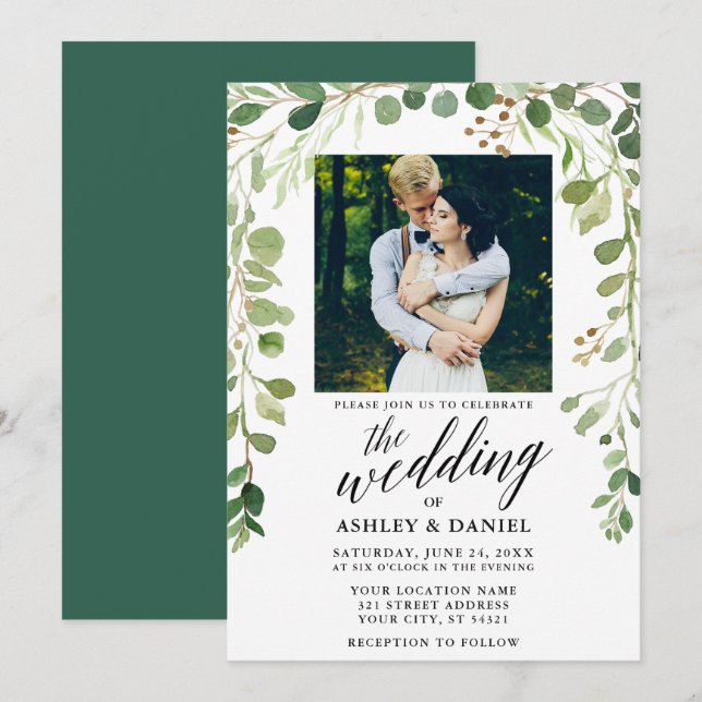 Invitation Mariage Photo Calligraphie Verte Botanique (Devant / Derrière)