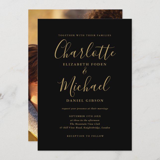 Invitation Mariage photo Chic Black And Gold Signature Script (Devant / Derrière)