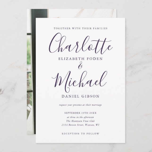 Invitation Mariage photo chic élégant violet script (Devant / Derrière)