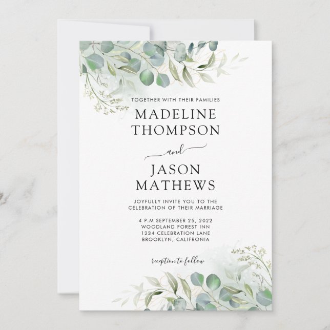 Invitation Mariage photo chic Eucalyptus Gold Green (Devant)