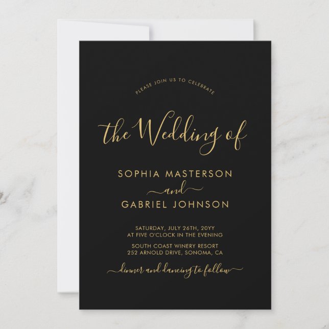 Invitation Mariage photo chic moderne noir et or Script (Devant)