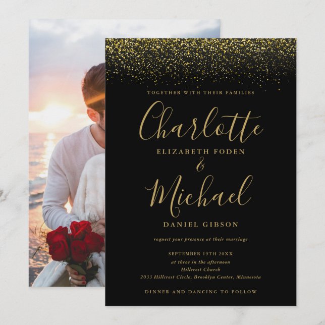 Invitation Mariage photo chic noir et doré avec écriture pail (Devant / Derrière)