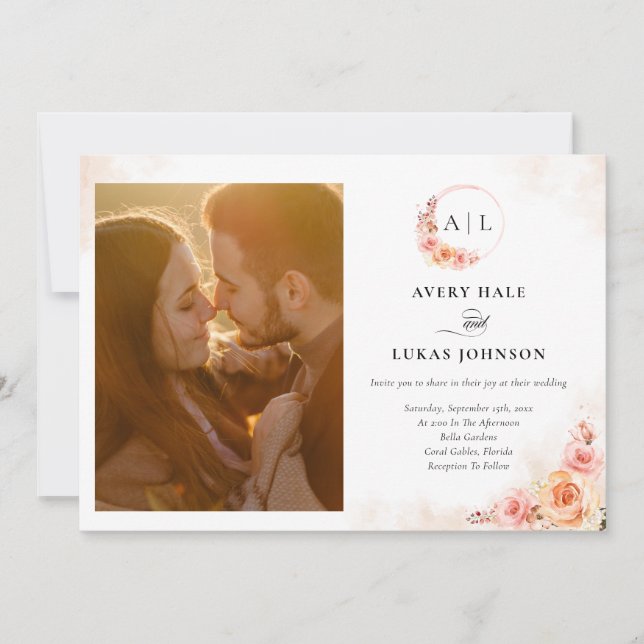 Invitation Mariage photo Chic Peach Blush Floral (Devant)