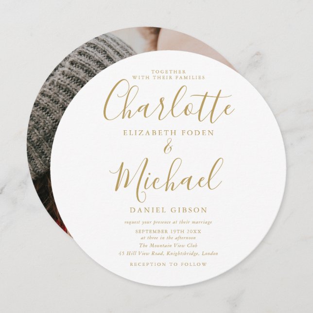 Invitation Mariage photo circulaire de script Gold Signature (Devant / Derrière)