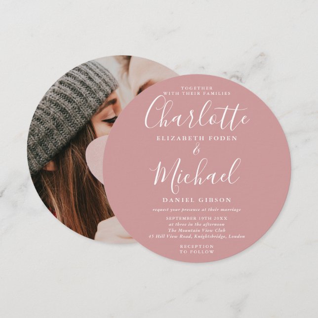 Invitation Mariage Photo Circulaire Élégant Écriture Rose Pâl (Devant / Derrière)