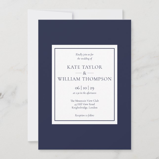 Invitation Mariage photo classique moderne bleu marine (Devant)