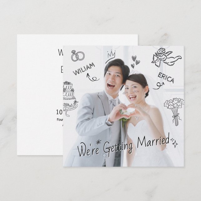 Invitation Mariage photo clip art dessiné à la main dessin am (Devant / Derrière)