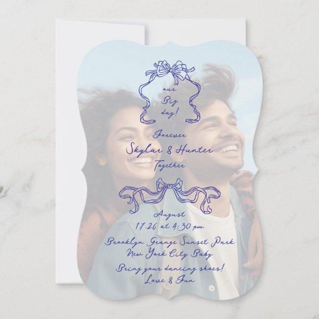 Invitation Mariage photo Cobalt Blue Boho Doodle Overlay (Devant)