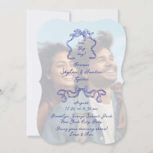 Invitation Mariage photo Cobalt Blue Boho Doodle Overlay