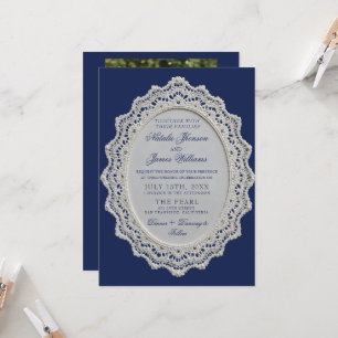 Invitation Mariage Photo Code QR Broderie Bleu Marine Vintage