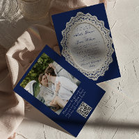 Mariage Photo Code QR Broderie Bleu Marine Vintage