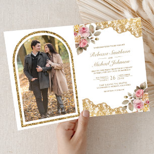 Invitation Mariage Photo Code QR Broderie Dorée Fleur Rose