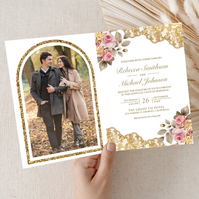 Invitation Mariage Photo Code QR Broderie Dorée Fleur Rose (Créateur téléchargé)