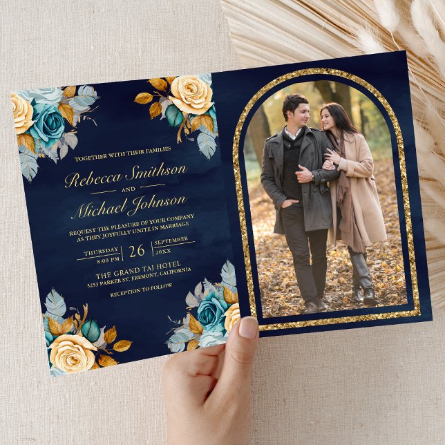 Invitation Mariage photo code QR floral crème bleu marine or (Créateur téléchargé)