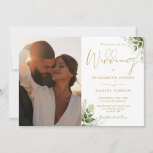 Invitation Mariage Photo Code QR Floral Végétal Doré