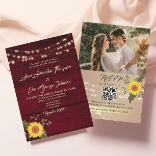 Invitation Mariage photo code QR Tournesol rustique