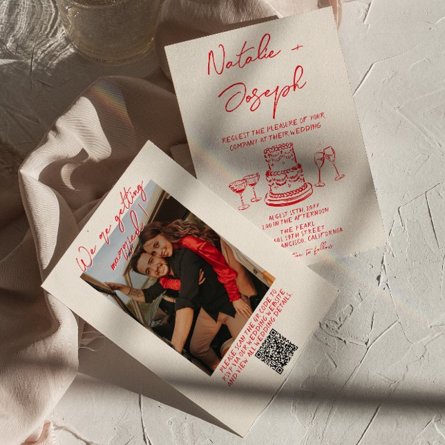 Invitation Mariage Photo Code QR Unique Rouge Dessiné à la Ma (Créateur téléchargé)