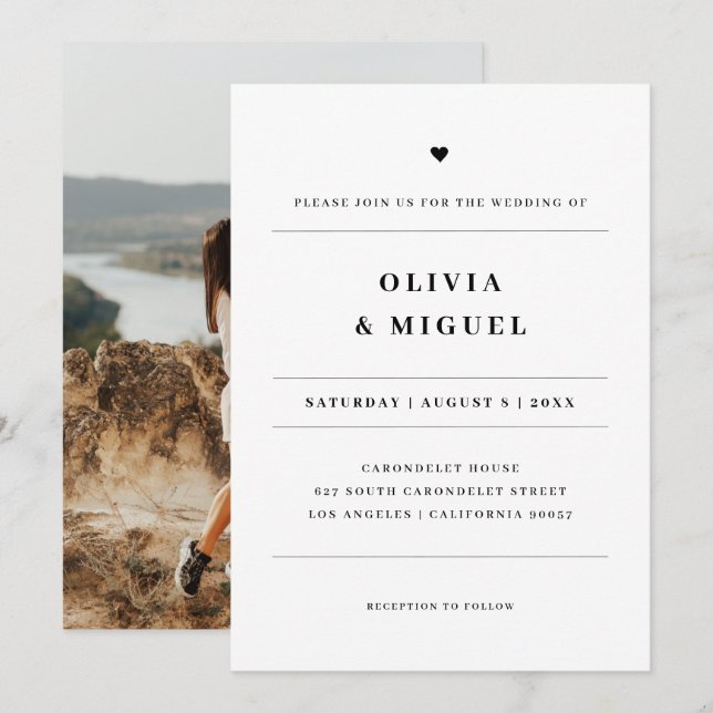 Invitation Mariage Photo Cœur Noir Blanc Moderne (Devant / Derrière)