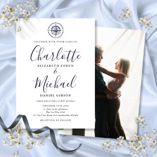 Invitation Mariage photo compas nautique écriture bleu marine