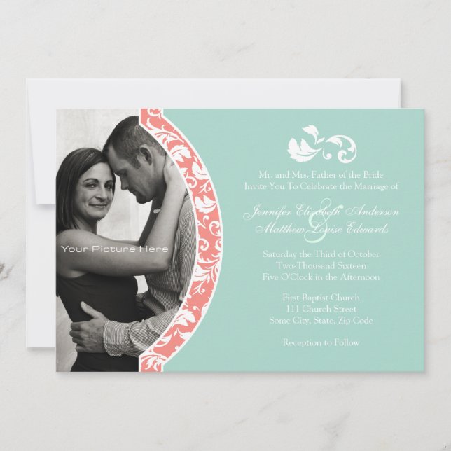 Invitation Mariage photo Coral et Mint Damask (Devant)