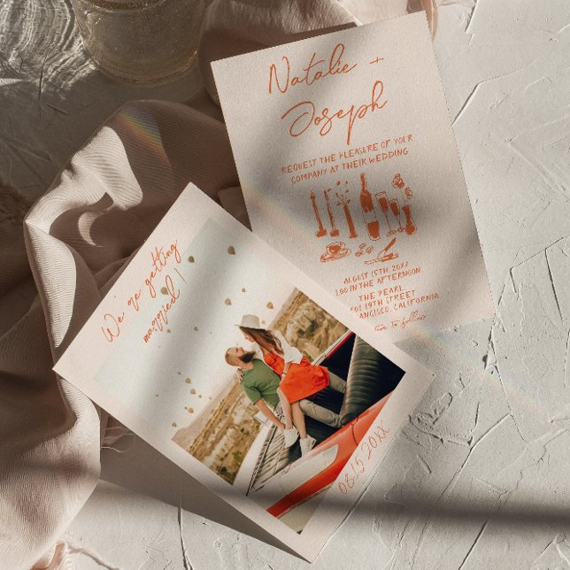 Invitation Mariage photo couleur brillant à main rétro (Créateur téléchargé)