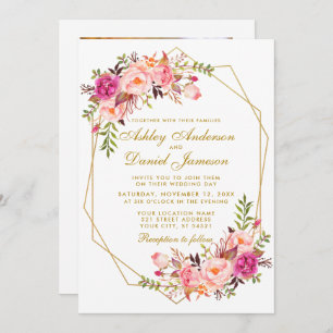 Invitation Mariage photo couleur or floral rose géométrique
