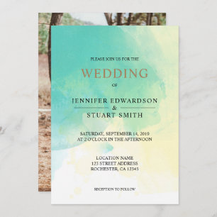Invitation Mariage photo couleur or turquoise moderne