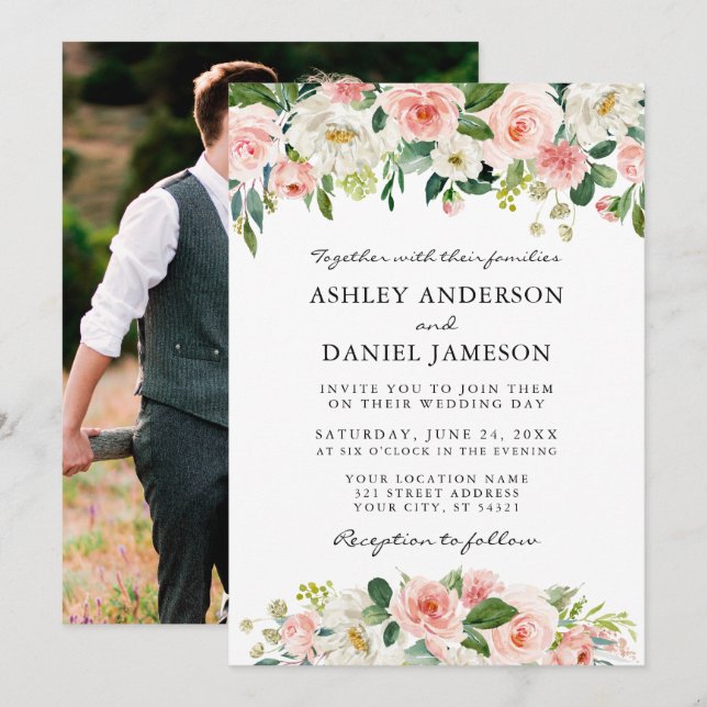 Invitation Mariage photo couleur rose blanc rose (Devant / Derrière)