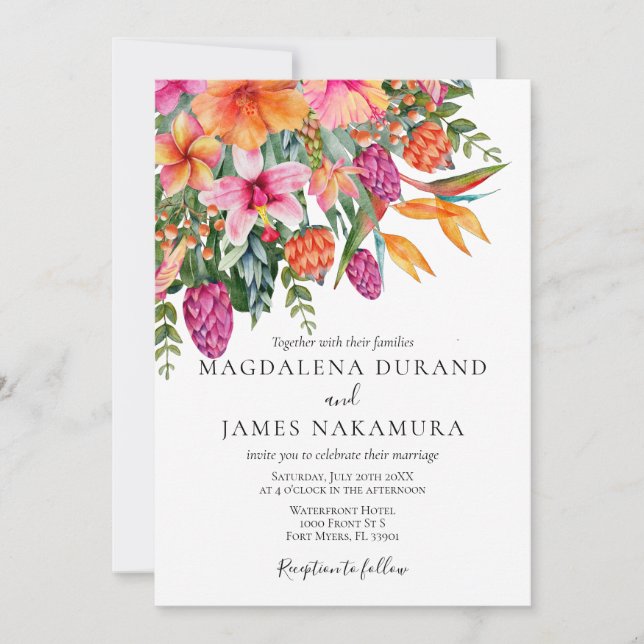 Invitation Mariage photo couleur rose orange tropical (Devant)