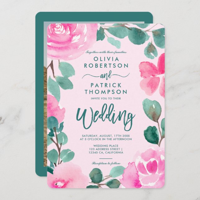 Invitation Mariage photo couleur vert rose gras (Devant / Derrière)