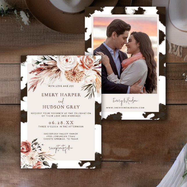 Invitation Mariage photo Cowhing Western Cowboy Ranch Boho (western wedding photo invitation cowhide boho floral ranch country barn terracotta rust rustic)