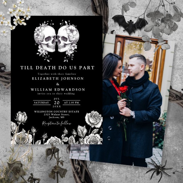 Invitation Mariage photo crânes gothiques noir et blanc jusqu (Black White Till Death Gothic Skulls Photo Wedding Invitation)