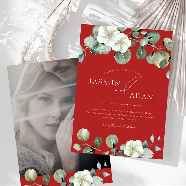 Invitation Mariage photo Crimson Red Eucalyptus (Crimson Red Eucalyptus Greenery Photo Wedding Invitation)