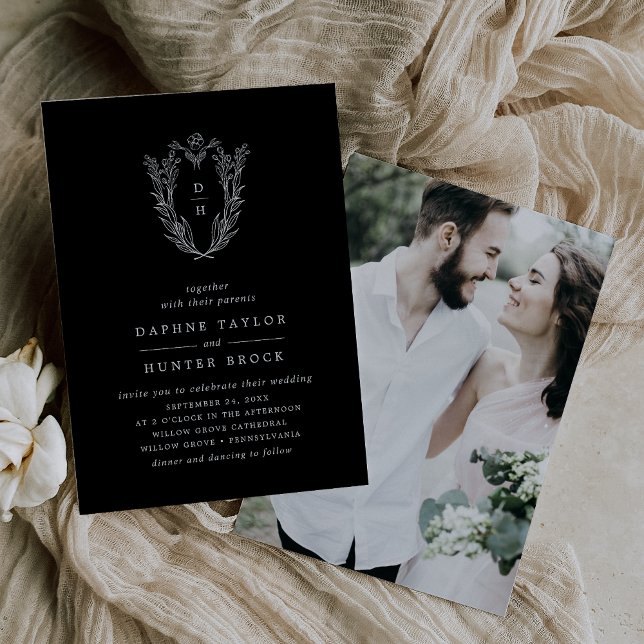 Invitation Mariage photo DAPHNE Botanical Dark Black élégant (DAPHNE Botanical Dark Black Elegant Photo Wedding Invitation)