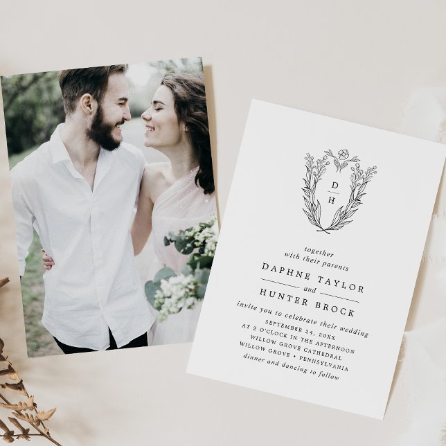 Invitation Mariage photo DAPHNE Classic noir blanc (DAPHNE Classic Black White Floral Photo Wedding Invitation)