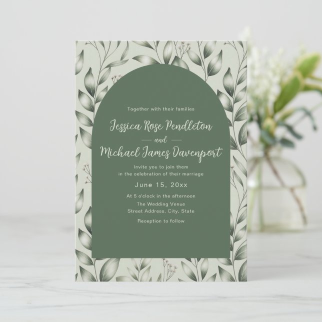 Invitation Mariage Photo d'Arche Botanique Vert Sauge Rustiqu (Debout devant)
