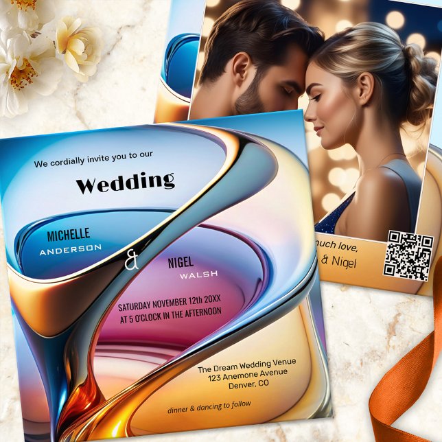 Invitation Mariage photo d'art Abstrait moderne (Modern art photo wedding invitation featuring a colorful flow abstract design - with QR code)