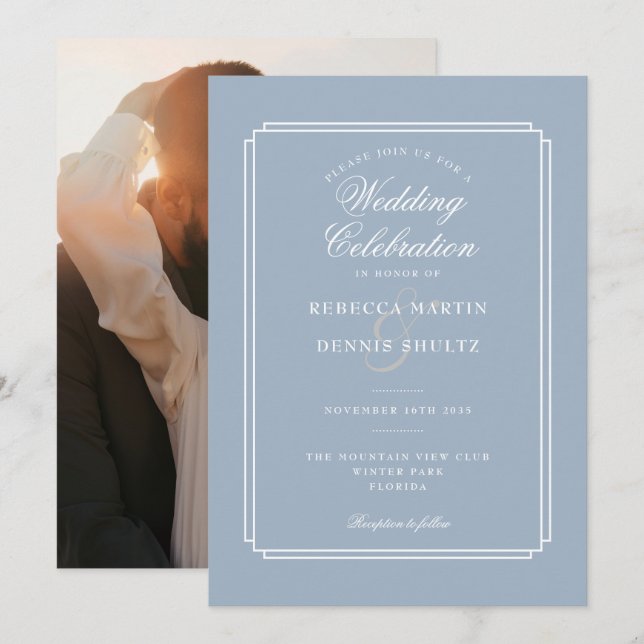 Invitation Mariage photo d'art déco de script bleu poussiéreu (Devant / Derrière)