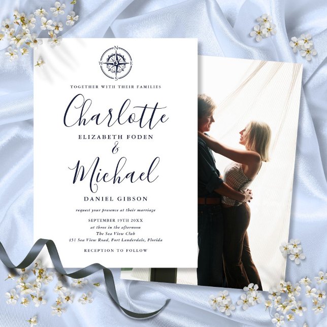 Invitation Mariage photo de boussole marine bleu Script nauti (Navy Blue Script Nautical Compass Photo Wedding Invitation)