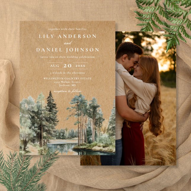 Invitation Mariage Photo de Campagne Rustique en Bois de Lac (Rustic Kraft Lake Forest Woodland Photo Wedding Invitation)