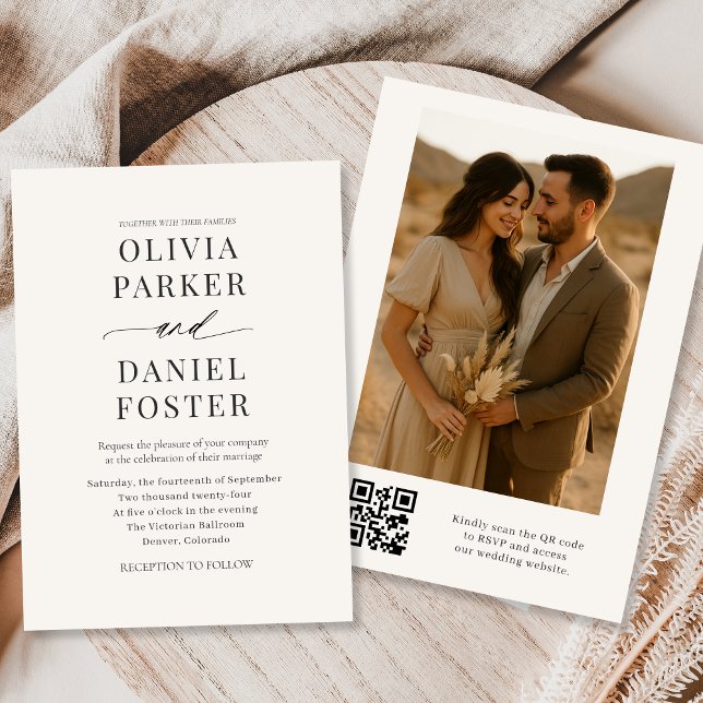 Invitation Mariage photo de code QR beige neutre (Créateur téléchargé)