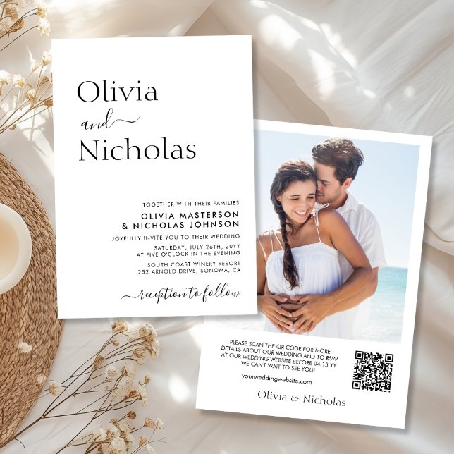 Invitation Mariage photo de code QR de script chic moderne (Créateur téléchargé)