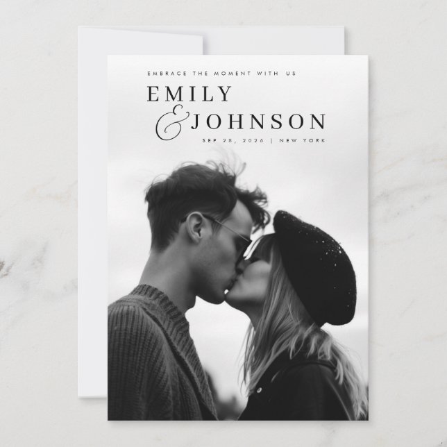 Invitation Mariage photo de code QR noir et blanc esthétique (Devant)