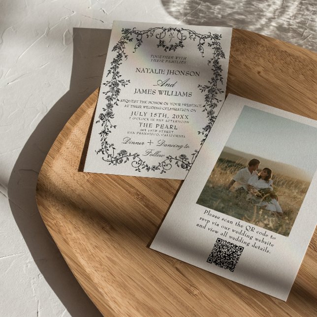Invitation Mariage photo de code QR noir et blanc floral (Créateur téléchargé)