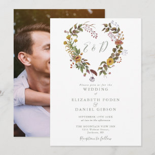 Invitation Mariage Photo de Coeur Floral Rustique Vert Sauge